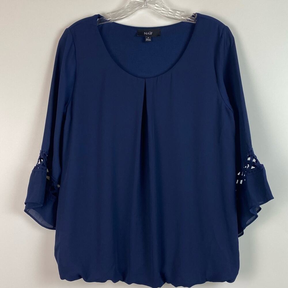 NAIF ROYAL BLUE BOHEMIAN TUFT BLOUSE BELL SLEEVE SIZE SMALL